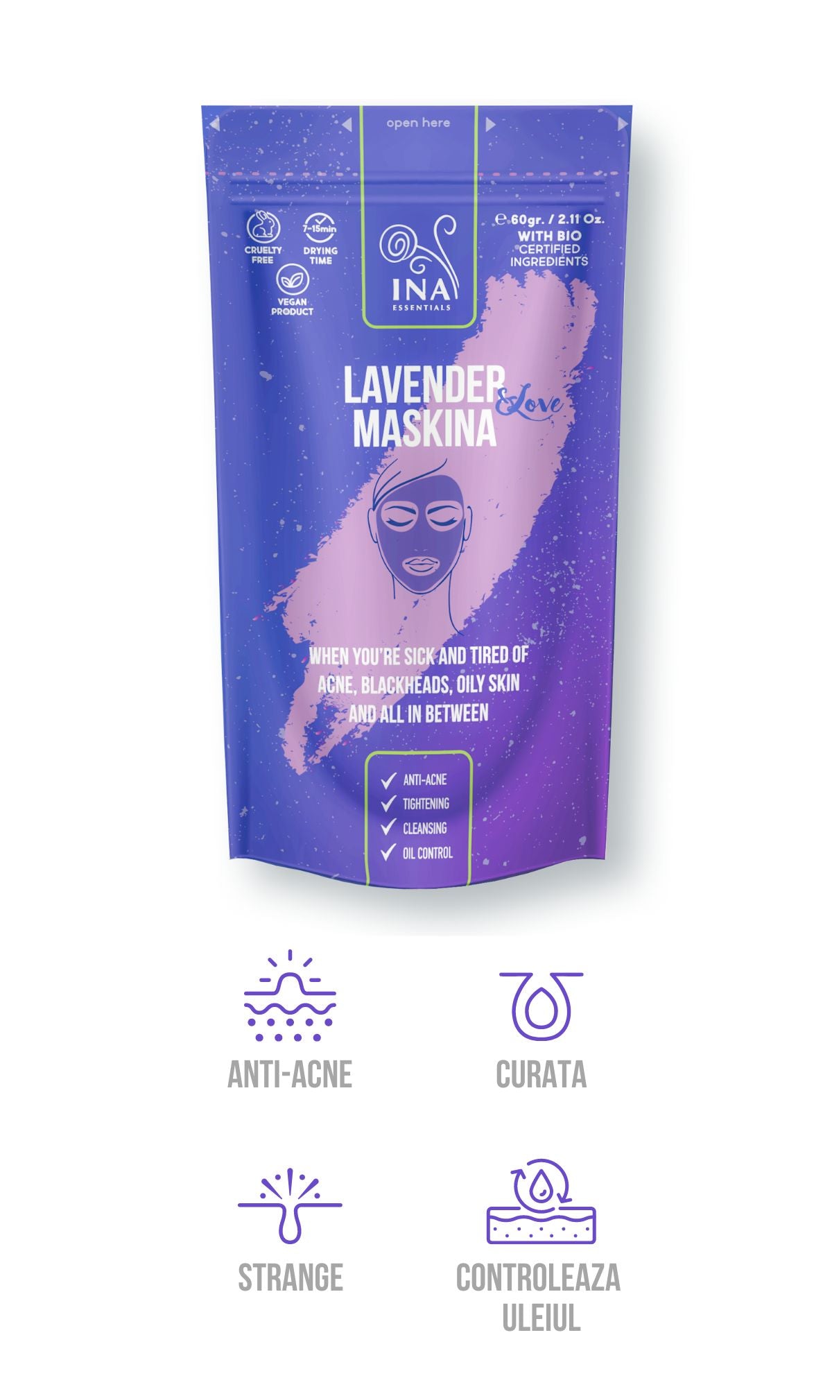 Mască de față - Maskina Lavanda - îngrijire intensivă pentru tenul Gras predispus la probleme