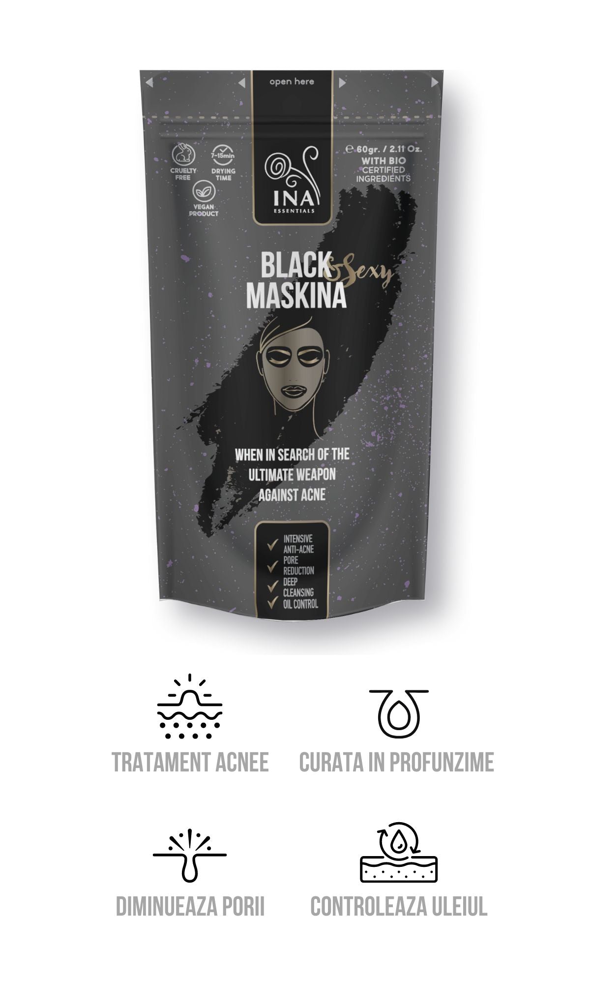 Mască de față - Maskina Neagra - îngrijire intensivă pentru Acnee și puncte Negre