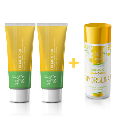 Cumpără 2 creme pentru psoriazis, eczeme și piele iritată și primești gratuit 1 apă organică de mușețel.