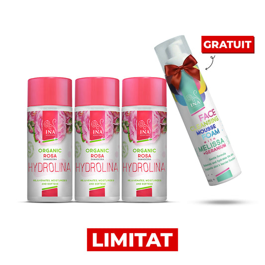 Cumpără 3 Ape Organice de Trandafiri - Hydrolina și primești 1 Spumă Naturală Gratuită pentru Curățarea Feței