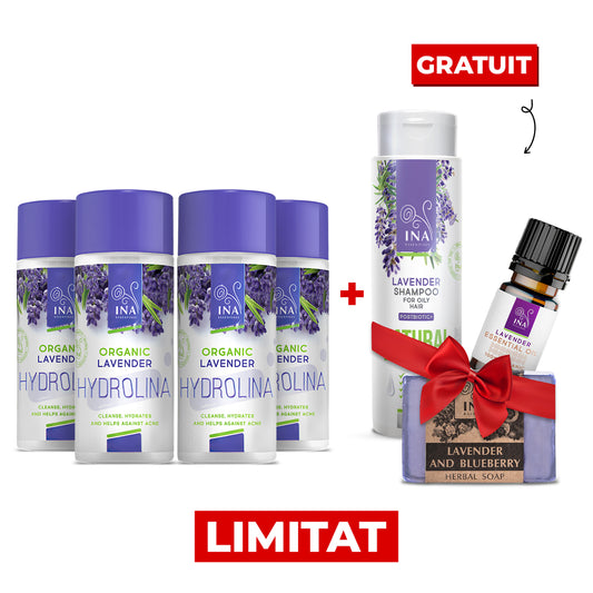 Cumpără 4 Hydrolina de Lavandă, Primești 1 Șampon cu Lavandă, 1 Ulei esențial și 1 Săpun Gratuit