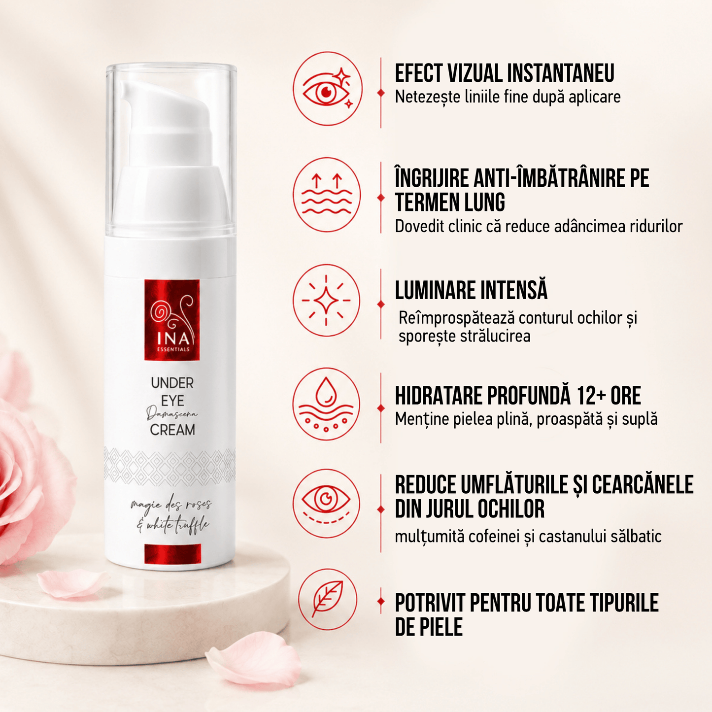 Cumpără 2 și Primești 1 Gratuit – Cremă Anti-îmbătrânire Premium pentru Ochi cu Trandafiri