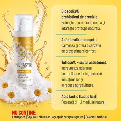 FloraSync Active - Spumă de curățare pentru igiena intimă cu Mușețel și Prebiotice