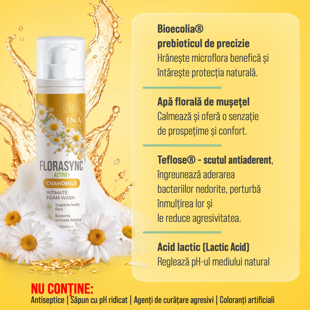 FloraSync Active- Spumă de curățare pentru igiena intimă cu Mușețel și Prebiotice - Cumpără 2, Primești 1 Gratuit
