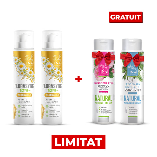 Cumpără 2 Spume Intime FloraSync Active și Primești Gratuit Șamponul cu Trandafiri și Balsamul de păr cu Rozmarin