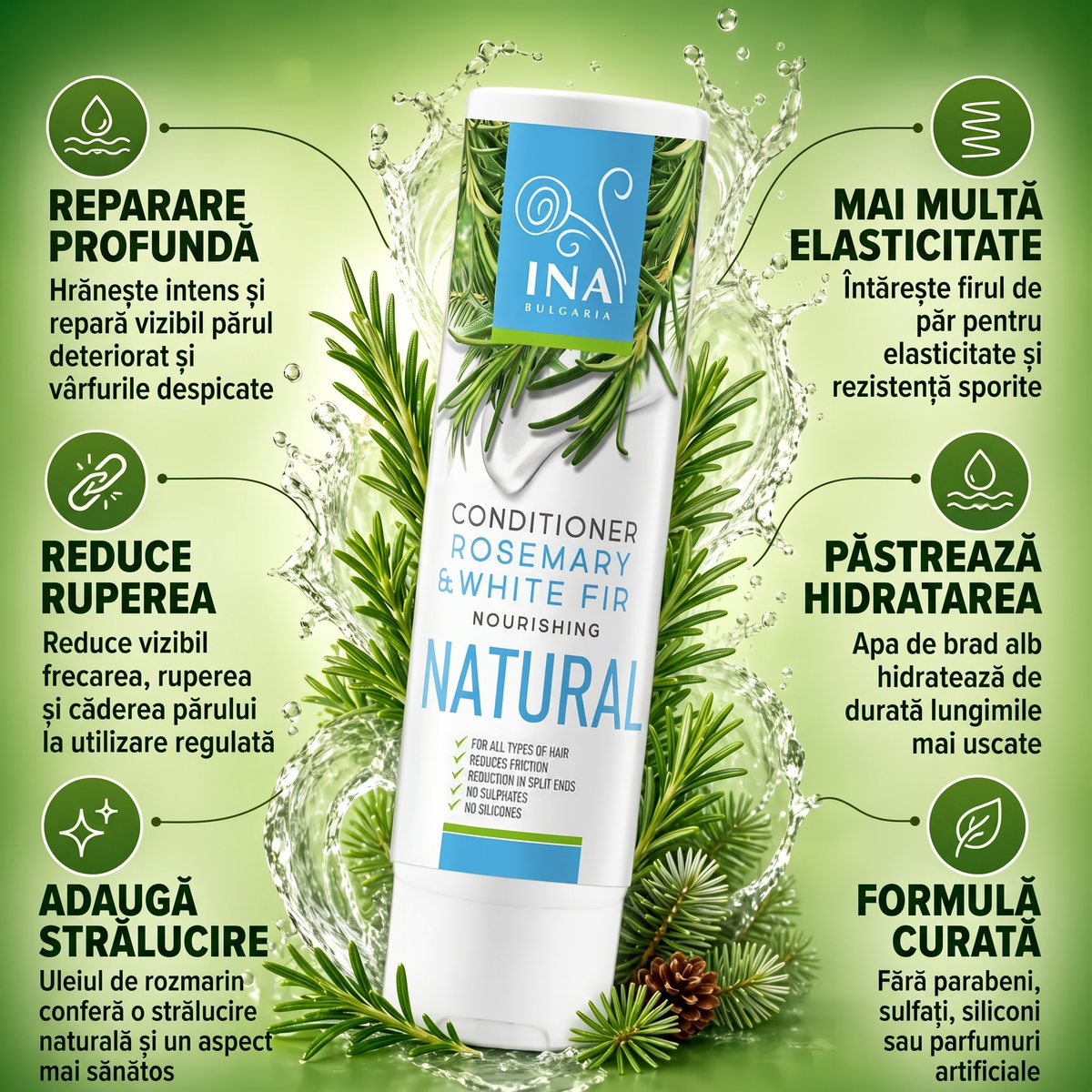 Infografic: beneficiile balsamului natural de păr cu rozmarin și brad alb