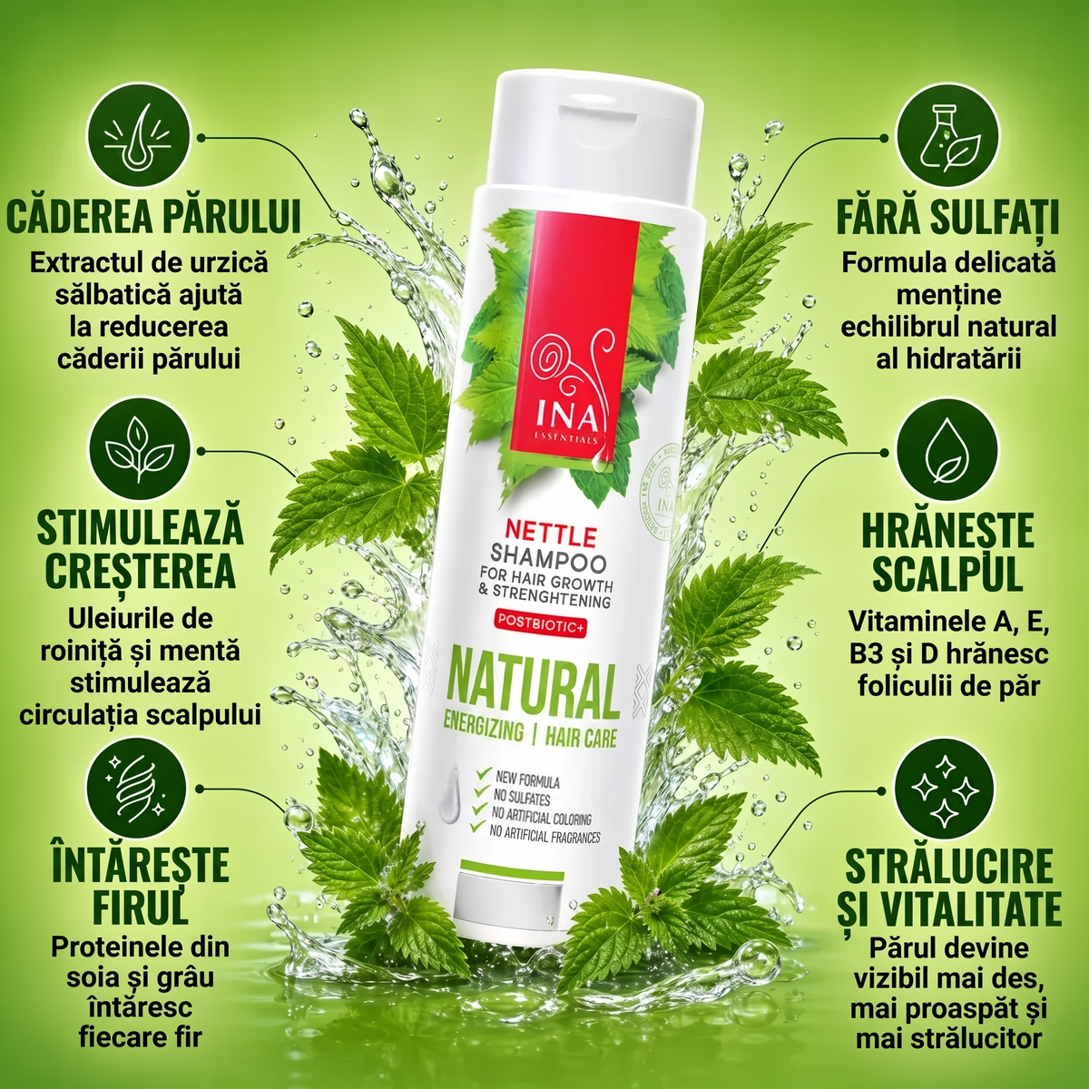 Infografic: beneficiile șamponului natural cu urzică pentru căderea părului
