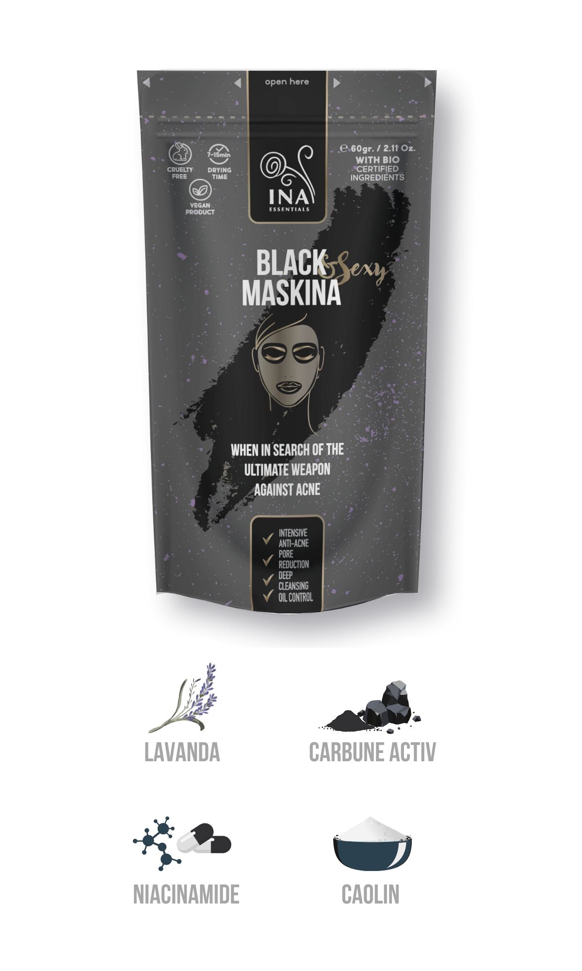 Mască de față - Maskina Neagra - îngrijire intensivă pentru Acnee și puncte Negre